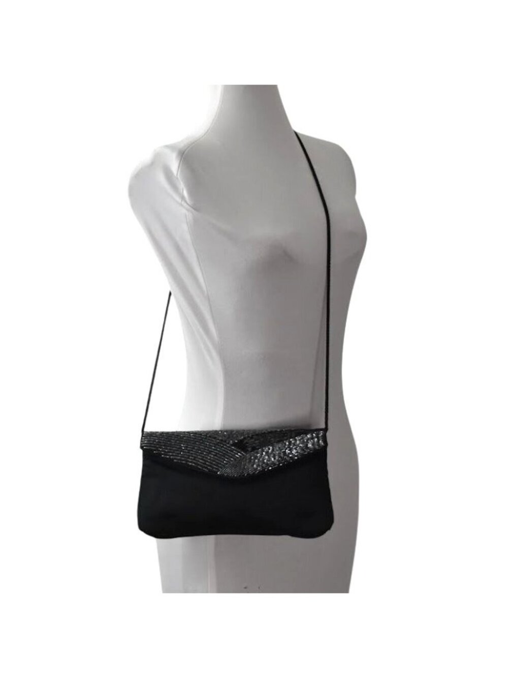 Cadaz Black Beaded Evening Bag Crossbody Clutch Flap Design Rope Prom Formal - Picture 3 of 9